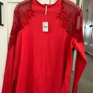 Red Long Sleeve Top with mesh on shoulders